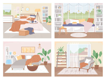 Nordic style home flat color vector illustration set. Living room with couch with pillows and blankets. Cozy apartment. Scandinavian 2D cartoon interior with furniture on background collectionのイラスト素材