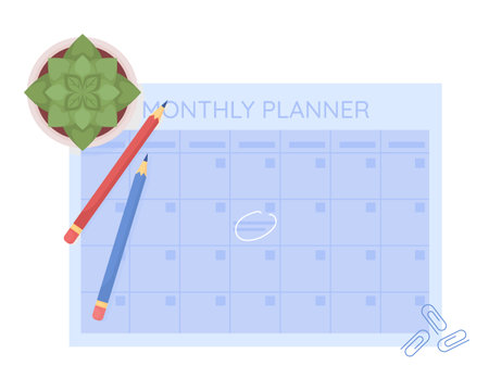 Monthly calendar semi flat color vector object. Paper sheet for planning tasks. Realistic item on white. Lifestyle isolated modern cartoon style illustration for graphic design and animationのイラスト素材