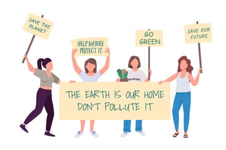 Women on ecology protest semi flat color vector character. Active figures. Full body people on white. Green movement isolated modern cartoon style illustration for graphic design and animationのイラスト素材