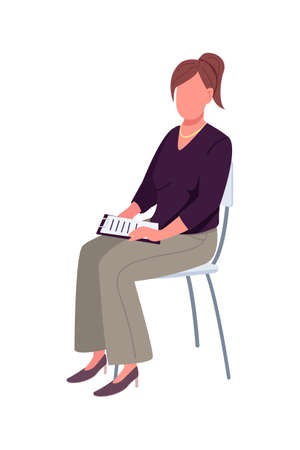 Attendant sitting on chair semi flat color vector character. Sitting figure. Full body person on white. Listening to lecture isolated modern cartoon style illustration for graphic design and animationのイラスト素材