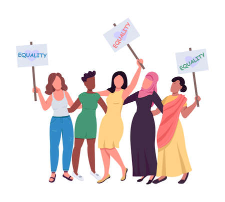 Women with equality message placards semi flat color vector characters. active figures. Full body people on white. Feminism isolated modern cartoon style illustration for graphic design and animationのイラスト素材