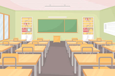 School classroom flat color vector illustration. Empty class with row of desks and chairs. Space for studying and teaching. Middle school room 2D cartoon interior with chalkboard on backgroundのイラスト素材