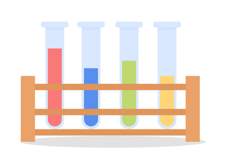 Chemical tubes in holder semi flat color vector item. Realistic object on white. Colorful liquid substance isolated modern cartoon style illustration for graphic design and animationのイラスト素材
