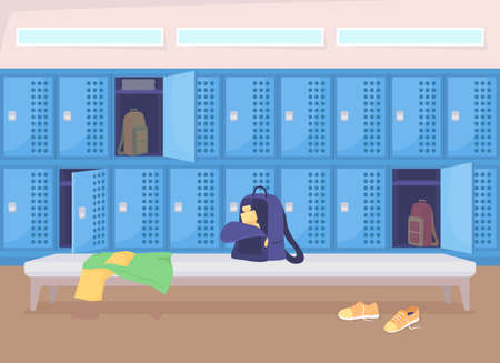School changing room flat color vector illustration. Preparing stuff before sports class. Wardrobe area. College dressing space 2D cartoon interior with private storage shelves on backgroundのイラスト素材