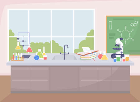 School chemistry lab flat color vector illustration. Space for experiments with chemical reagents. Science laboratory room 2D cartoon interior with blackboard and window on backgroundのイラスト素材