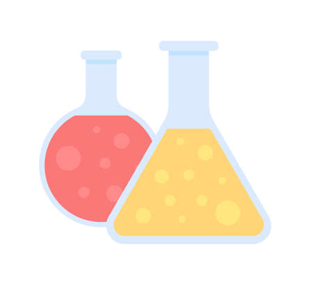 Chemical beakers with liquid semi flat color vector item. Realistic object on white. Supplies for scientific experiment isolated modern cartoon style illustration for graphic design and animationのイラスト素材