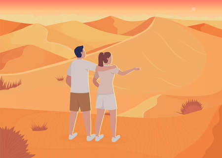 Couple surrounded by sand dunes flat color vector illustration. Winter destination. Man and woman embracing and viewing sunset 2D simple cartoon characters with desert environment on backgroundのイラスト素材