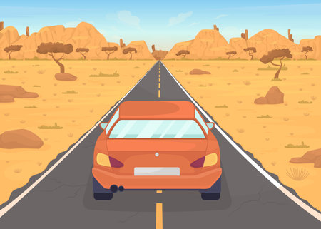 Automobile on desert road flat color vector illustration. safe transportation. domestic travel. Red car driving on road 2D simple cartoon object with desert-like landscape on backgroundのイラスト素材