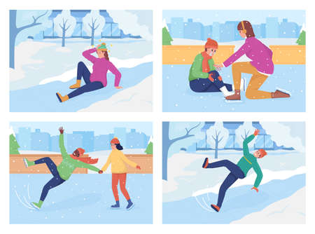 Slipping on ice flat color vector illustration set. Woman hit head. Child bumped knee. Man on ice skates. Falling 2D cartoon characters with winter urban scenery on background collectionのイラスト素材