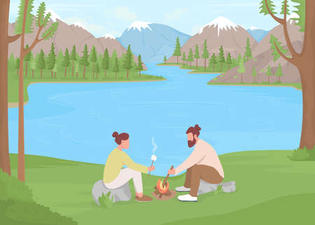 Lake vacation flat color vector illustration. Family-friendly area for retreat. Couple roasting marshmallows on sticks 2D simple cartoon characters with wilderness mountains and spruces on backgroundのイラスト素材