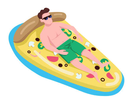 Man in sunglasses in pizza air mattress semi flat color vector character. Lying figure. Full body person on white. Pool activity simple cartoon style illustration for web graphic design and animationのイラスト素材