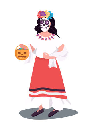 Mexican halloween costume semi flat color vector character. standing figure. Full body person on white. Day of dead holiday simple cartoon style illustration for web graphic design and animationのイラスト素材