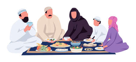 Traditional family dinner semi flat color vector characters. Sitting figures. Full body person on white. Eating and drinking simple cartoon style illustration for web graphic design and animationのイラスト素材