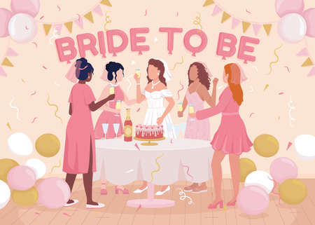 Bachelorette party flat color vector illustration. Bride to be. Bridesmaid greeting fiancee. 2D simple cartoon happy ladies celebrating with decorated room on background. Fredoka One font usedのイラスト素材