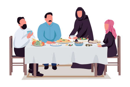 Traditional family evening semi flat color vector characters. Sitting figures. Full body person on white. Eating and drinking simple cartoon style illustration for web graphic design and animationのイラスト素材