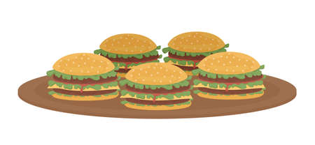 Burgers semi flat color vector object. Full sized item on white. Barbecue party fare. Delicious dish and snack simple cartoon style illustration for web graphic design and animationのイラスト素材