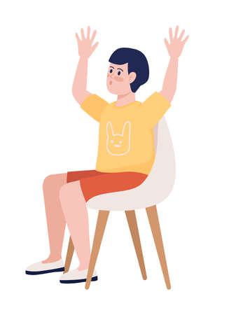 Boy with his hands up semi flat color vector character. Sitting figure. Full body person on white. Festive celebration simple cartoon style illustration for web graphic design and animationのイラスト素材