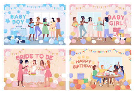 Home party flat color vector illustration set. baby shower. birthday party. Bachelorette night. 2D simple cartoon characters pack partying with decorated room on background. Fredoka One font usedのイラスト素材