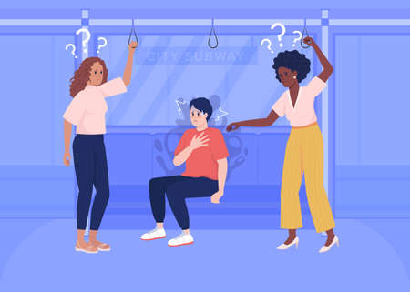 Panic attack on public transport flat color vector illustration. Man experience stress. mental health. Reassuring strangers 2D simple cartoon characters with transport on backgroundのイラスト素材