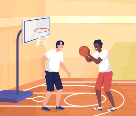 High school students playing basketball flat color vector illustration. Physical activity and competition at school. Sport game players 2D simple cartoon characters with gym on backgroundのイラスト素材