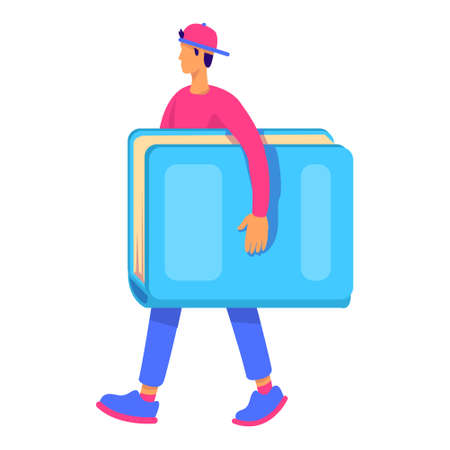 Gen z kid holding big book semi flat color vector character. walking figure. Full body person on white. Purchasing books online simple cartoon style illustration for web graphic design and animationのイラスト素材