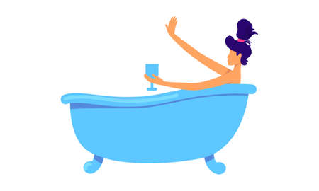 Woman with wineglass resting in bathtub semi flat color vector character. Sitting figure. Full body person on white. Simple cartoon style illustration for web graphic design and animationのイラスト素材