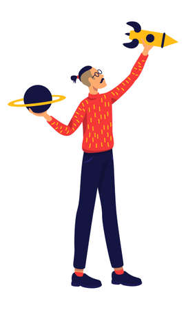 Man being curious about cosmos and interstellar travel semi flat color vector character. Full body person on white. Simple cartoon style illustration for web graphic design and animationのイラスト素材