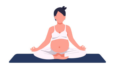 Pregnant woman sitting in yoga pose semi flat color vector character. Full body person on white. Healthy pregnancy simple cartoon style illustration for web graphic design and animationのイラスト素材