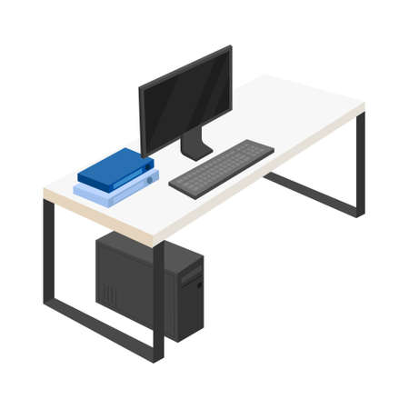 Table with computer semi flat color vector object. Full sized item on white. Space for remote job. Workplace environment simple cartoon style illustration for web graphic design and animationのイラスト素材