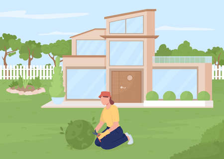Taking care of plants outdoor flat color vector illustration. garden maintenance. Removing broken branches. Woman pruning bush in garden 2D simple cartoon character with house on backgroundのイラスト素材