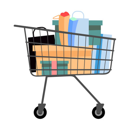 Shopping cart filled with boutique boxes semi flat color vector object. Full sized item on white. Purchasing new clothes simple cartoon style illustration for web graphic design and animationのイラスト素材
