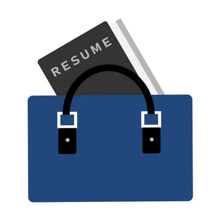 Stylish blue handbag with resume document semi flat color vector object. Full sized item on white. Job applicant simple cartoon style illustration for web graphic design and animationのイラスト素材