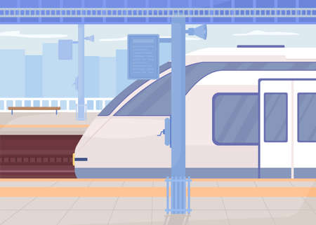 Train station platform flat color vector illustration. rail trip. Going on vacation. weekend...