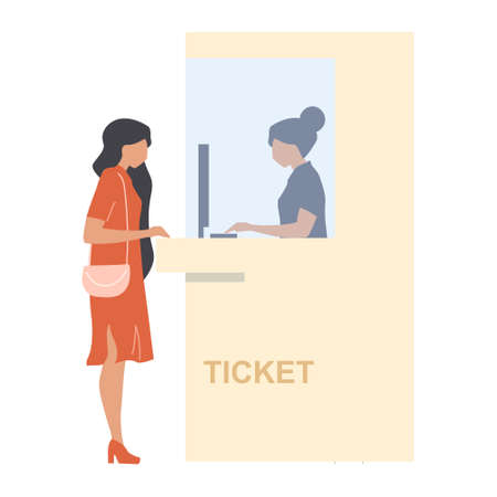 Woman purchasing ticket at box office semi flat color vector characters. standing figures. Full body people on white. Simple cartoon style illustration for web graphic design and animationのイラスト素材