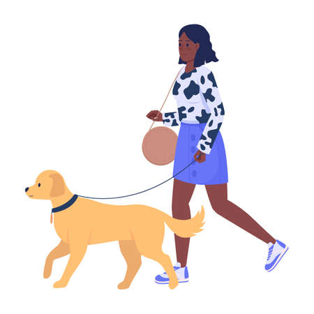 Stylish woman walking dog on street semi flat color vector characters. walking figures. Full body person on white. Celebrity simple cartoon style illustration for web graphic design and animationのイラスト素材