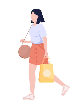 Young pretty woman with boutique shopping bag semi flat color vector character. walking figure. Full body person on white. Simple cartoon style illustration for web graphic design and animationのイラスト素材
