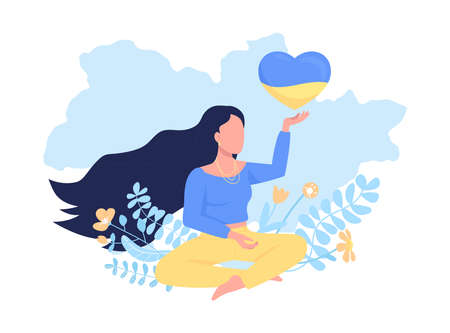 Peace in Ukraine 2D vector isolated illustration. Stop war and aggression in Ukraine flat character on cartoon background. Lady giving hope colorful scene for mobile, website, presentationのイラスト素材