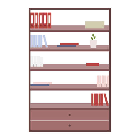 Bookcase for office semi flat color vector object. Full sized item on white. Bookshelf with files. Furnishing home office simple cartoon style illustration for web graphic design and animationのイラスト素材