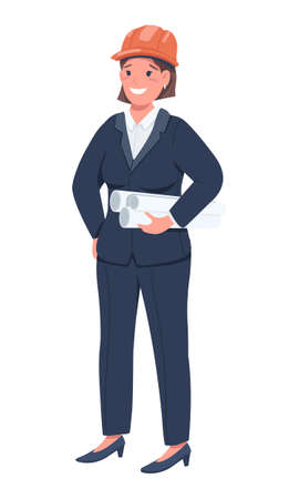 Female construction worker semi flat color vector character. Full body person on white. Gender equality in workplace simple cartoon style illustration for web graphic design and animationのイラスト素材