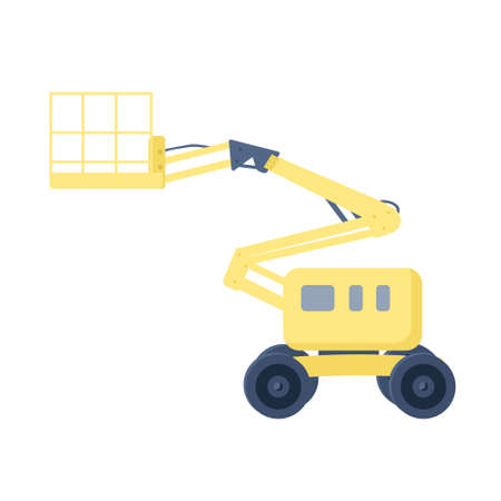 Elevating work platform semi flat color vector object. Full sized item on white. Vehicle for construction job. Aerial device simple cartoon style illustration for web graphic design and animationのイラスト素材
