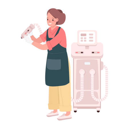 Technician using airbrush for spraying tan semi flat color vector character. Full body person on white. Tanning salon simple cartoon style illustration for web graphic design and animationのイラスト素材