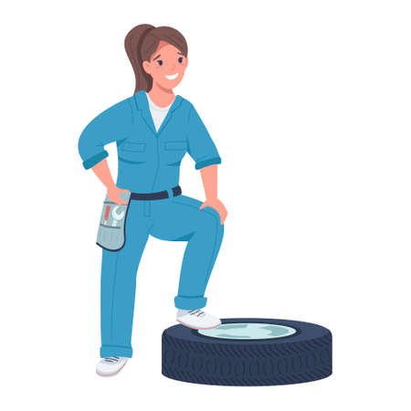 Female auto mechanic semi flat color vector character. standing figure. Full body person on white. Gender equality in the workplace simple cartoon style illustration for web graphic design and animationのイラスト素材