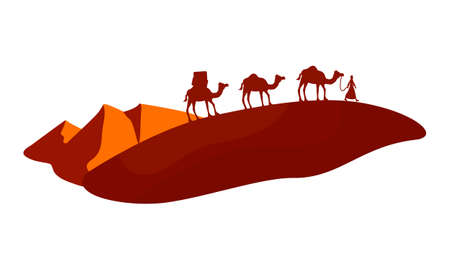 Camel caravan crossing desert 2D vector isolated illustration. Man with camels flat characters on cartoon background. Riding through Sahara colorful scene for mobile, website, presentationのイラスト素材