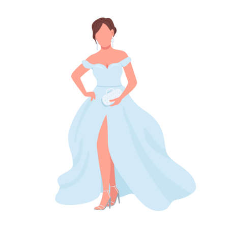 Bride wearing white dress semi flat color vector character. standing figure. Full body person on white. Wedding day simple cartoon style illustration for web graphic design and animationのイラスト素材