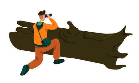 Man shooting wildlife photos semi flat color vector character. Hiding figure. Full body person on white. Nature photographer simple cartoon style illustration for web graphic design and animationのイラスト素材