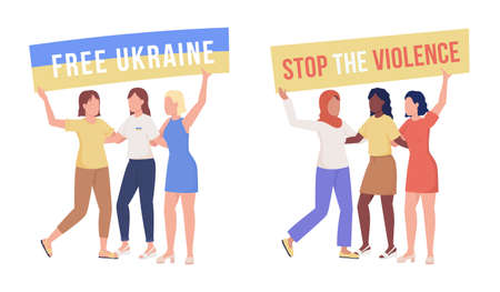 Protesting women semi flat color vector characters set. Position figures. Full body people on white. Simple cartoon style illustration pack for web graphic design and animation. Bebas Neue font usedのイラスト素材