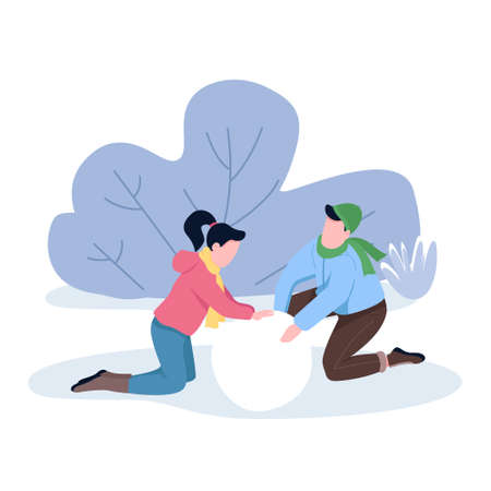 Couple making snowman together semi flat color vector characters. Sitting figures. Full body people on white. Park visitors simple cartoon style illustration for web graphic design and animationのイラスト素材