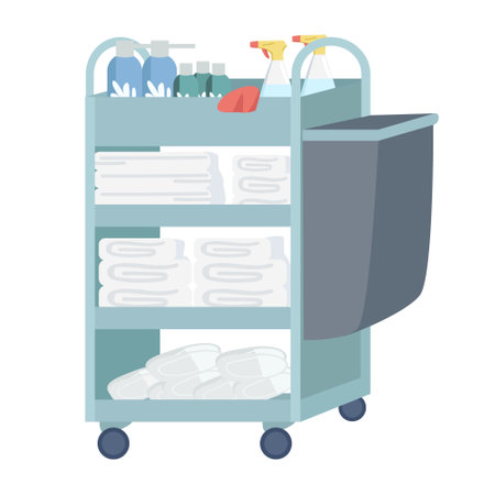 Housekeeping cart semi flat color vector object. Full sized item on white. Janitor cart. Cleaning supplies storage simple cartoon style illustration for web graphic design and animationのイラスト素材