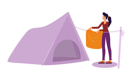 Woman with towel standing near camping tent semi flat color vector character. Position figure. Full body person on white. Simple cartoon style illustration for web graphic design and animationのイラスト素材