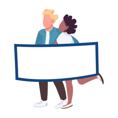 Happy young couple with blank poster semi flat color vector characters. standing figures. Full body people on white. Simple cartoon style illustration for web graphic design and animationのイラスト素材